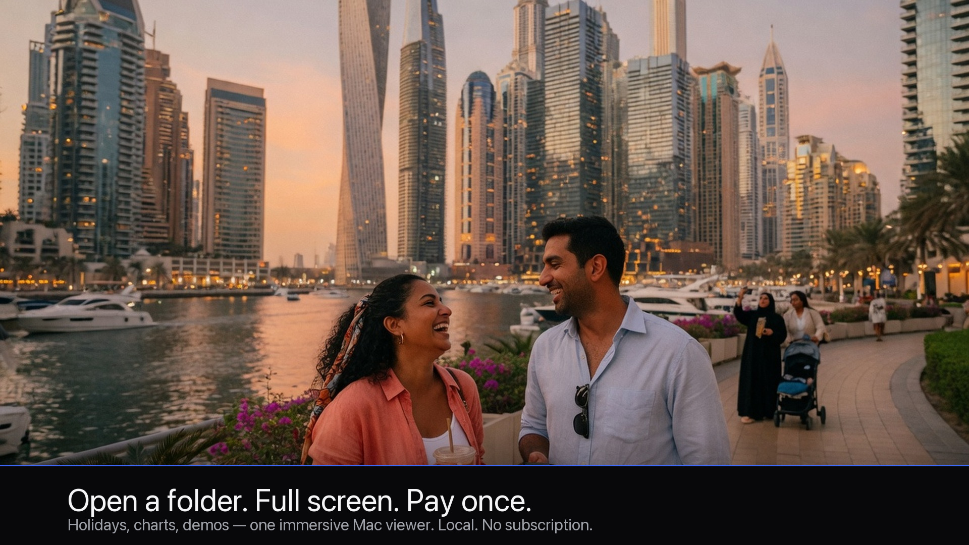 Vistaro — open a folder, full screen, pay once. Charts, trips, demos, and video.